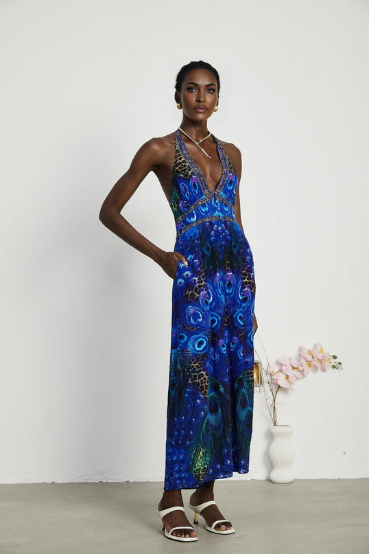 Sleek silk jumpsuit with halter neckline in Felicia style