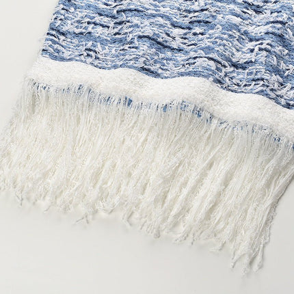 Sleek sleeveless mini dress in Elegant Blue and White with Fringe Hem and Gold Buttons