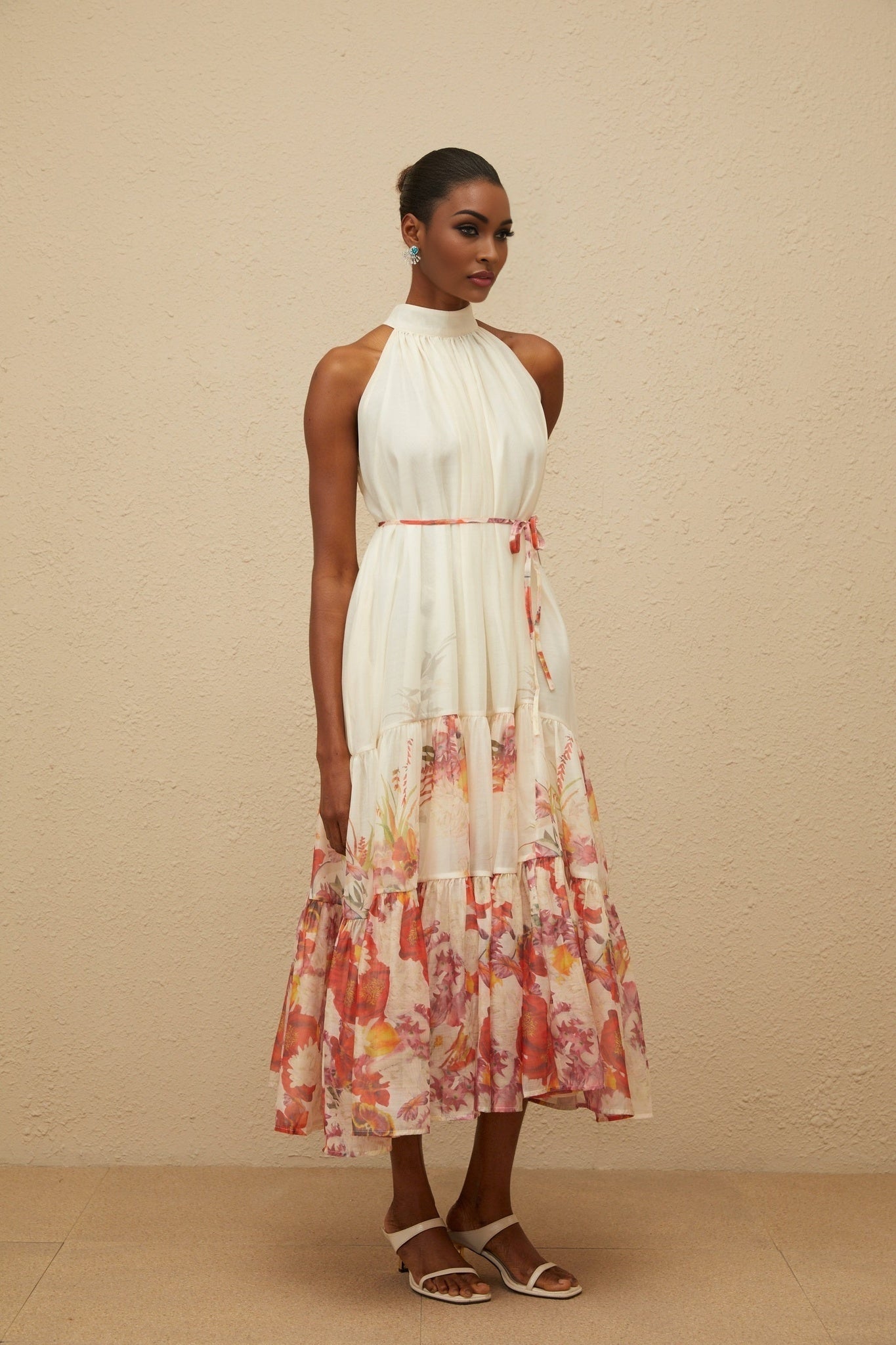 Sleeveless Floral Print Midi Dress in Neutrals Tied Waist Mock Neck Shirred Effect Tiered Design