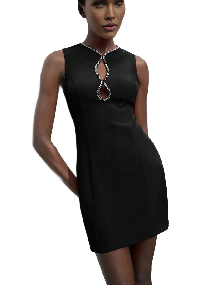 Sleeveless HollowOut Rhinestone Decor Round Neck Black Mini Dress Women PartyDate Night SpringSummer