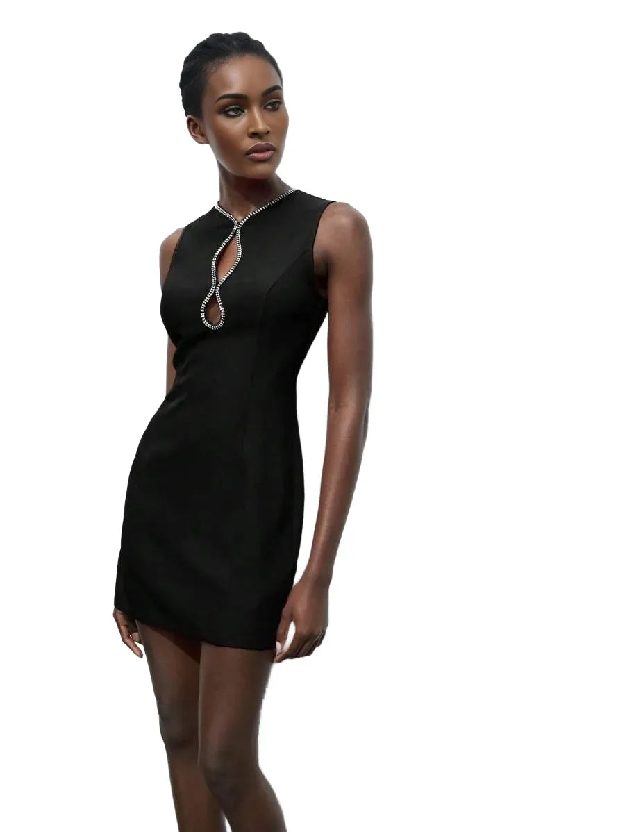 Sleeveless HollowOut Rhinestone Decor Round Neck Black Mini Dress Women PartyDate Night SpringSummer