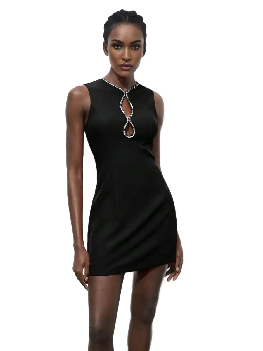 Sleeveless HollowOut Rhinestone Decor Round Neck Black Mini Dress Women PartyDate Night SpringSummer