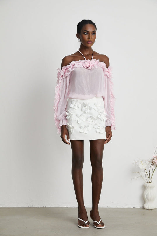 Sleeveless light pink semi sheer top with straight neckline named Darcy