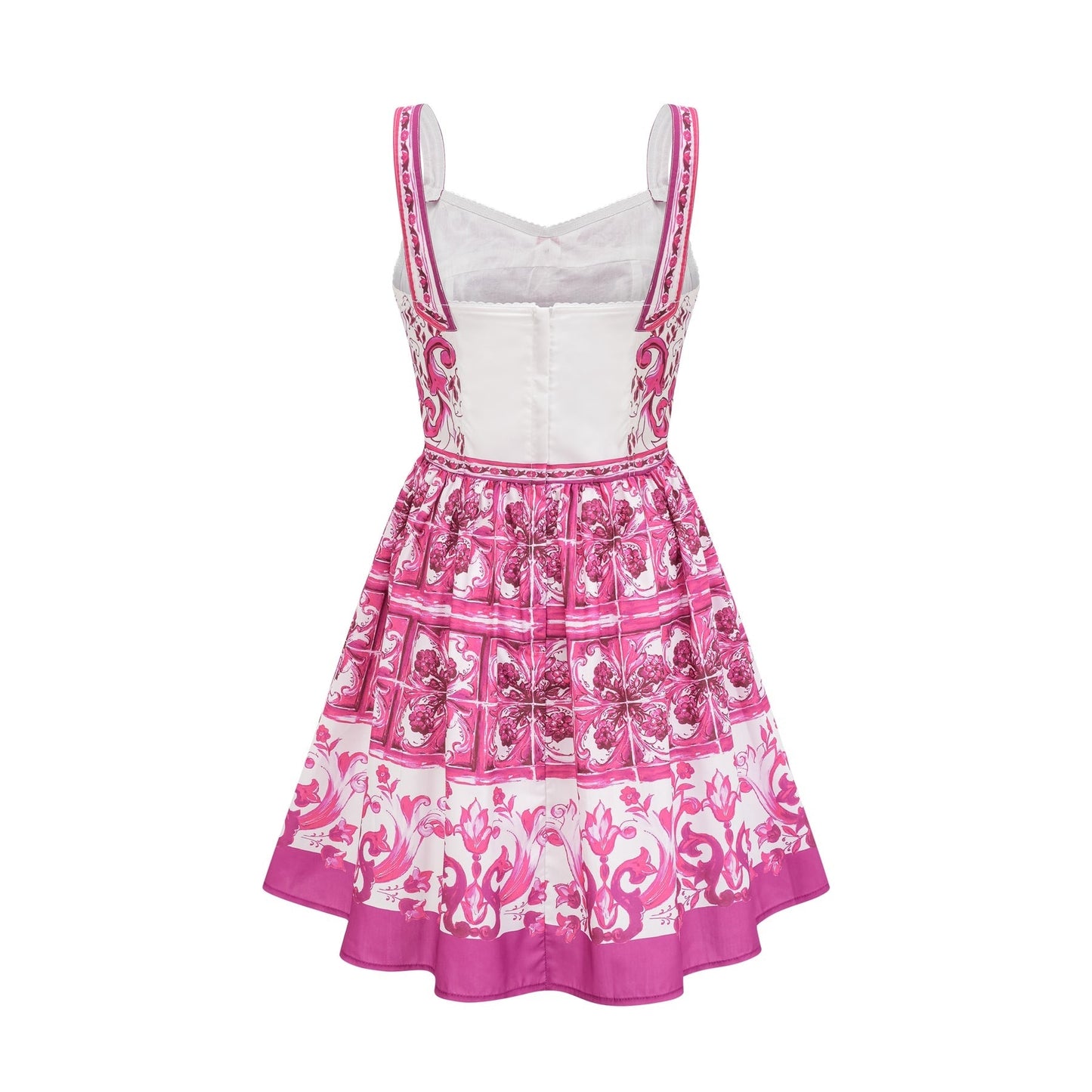 Pink sleeveless dress with a sweetheart neckline adorned with allover graphic print and flared skirt Minilength rear zip fastening made of 100% Triacetate fiber for comfort