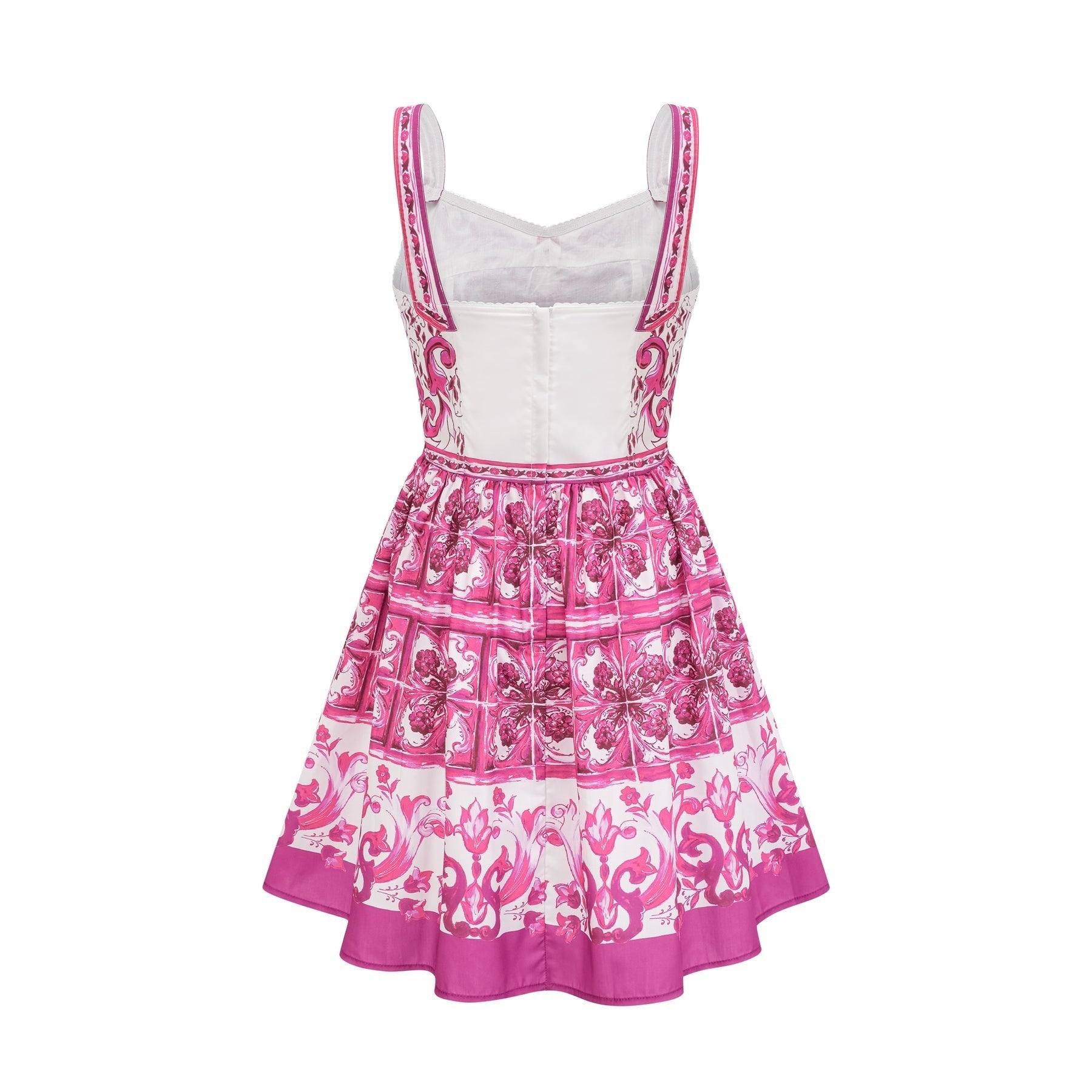 Pink sleeveless dress with a sweetheart neckline adorned with allover graphic print and flared skirt Minilength rear zip fastening made of 100% Triacetate fiber for comfort