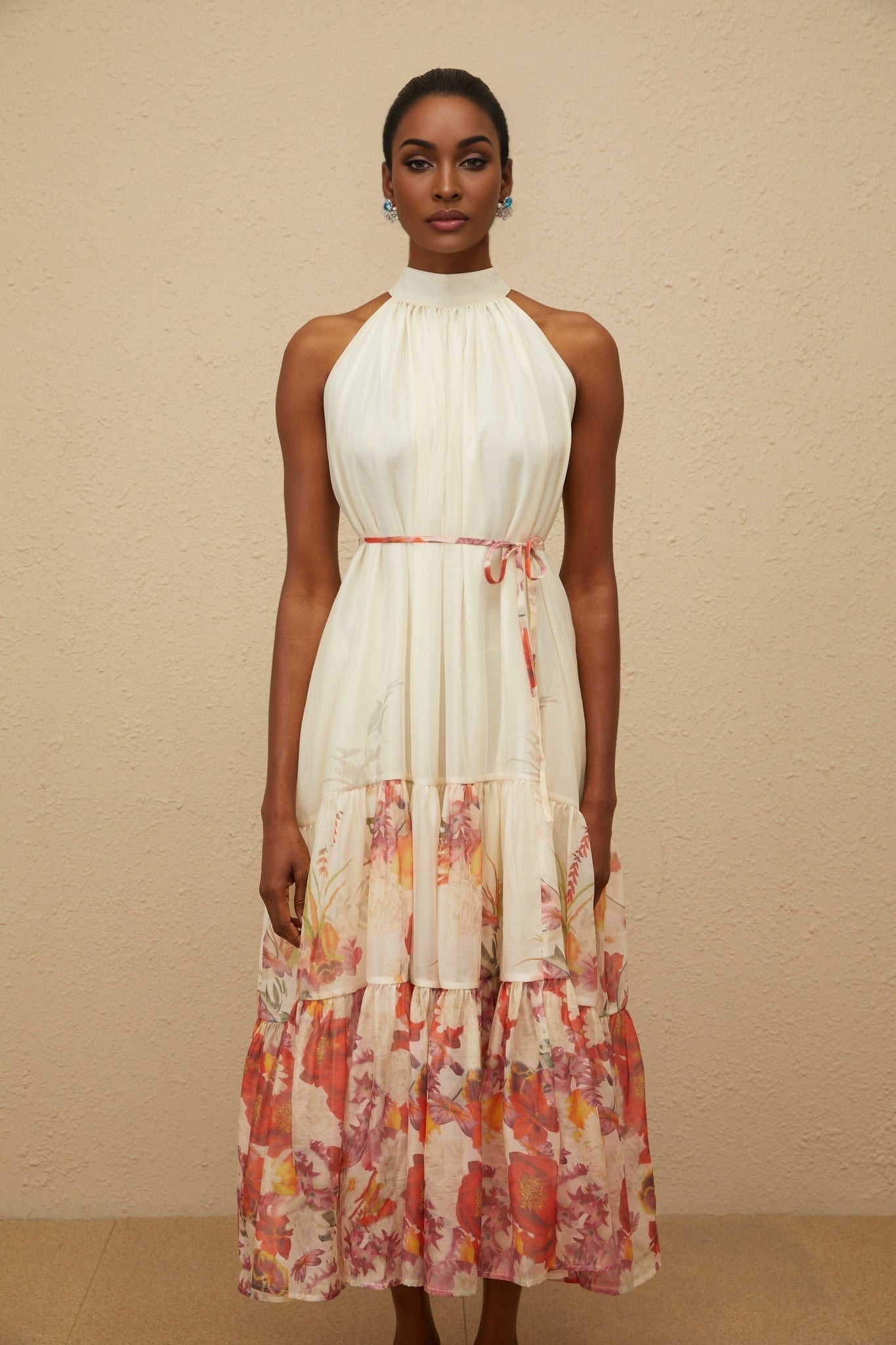 Sleeveless neutrals floral print midi dress with tied waist and shirred effect