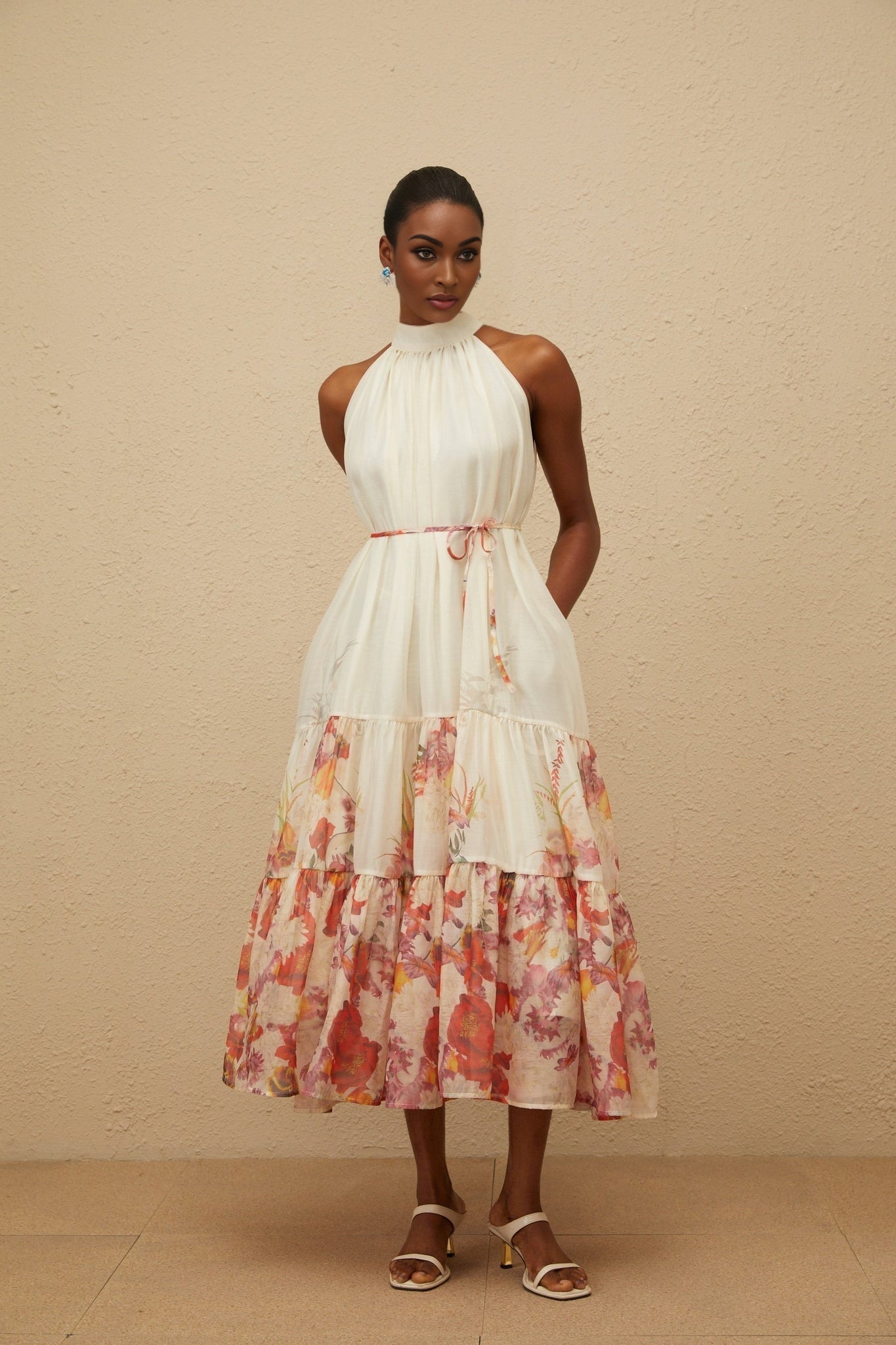 Sleeveless Neutrals Floral Print Midi Dress with Tied Waist and Shirred Effect