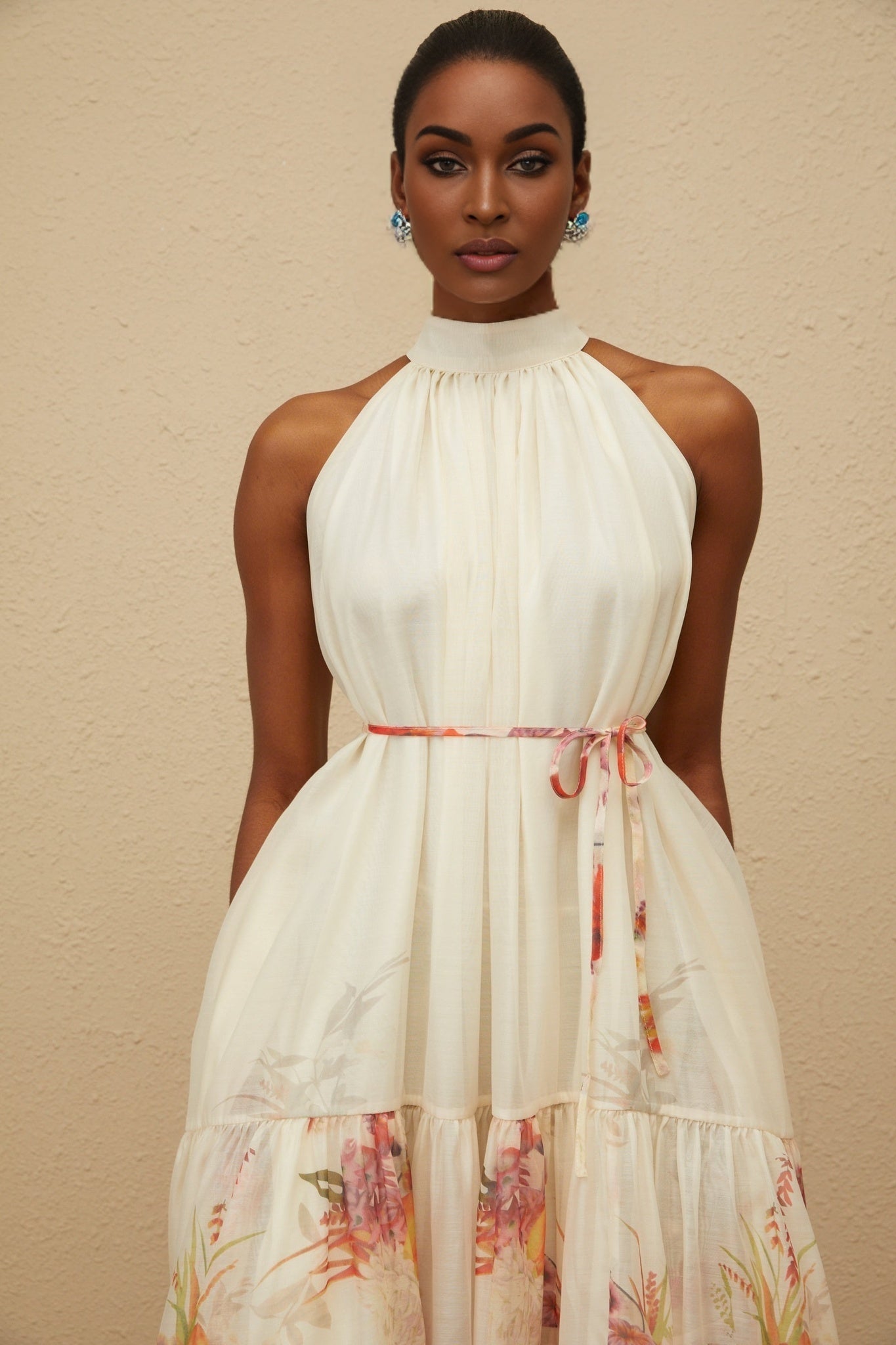 Sleeveless Neutrals Floral Print Midi Dress with Tied Waist and Tiered Design