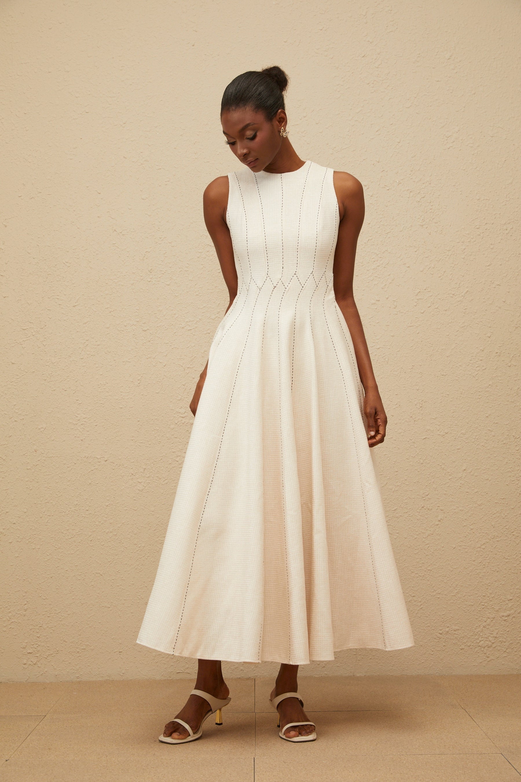 Sleeveless Neutrals Textured Midi Dress with Fitted Waistline