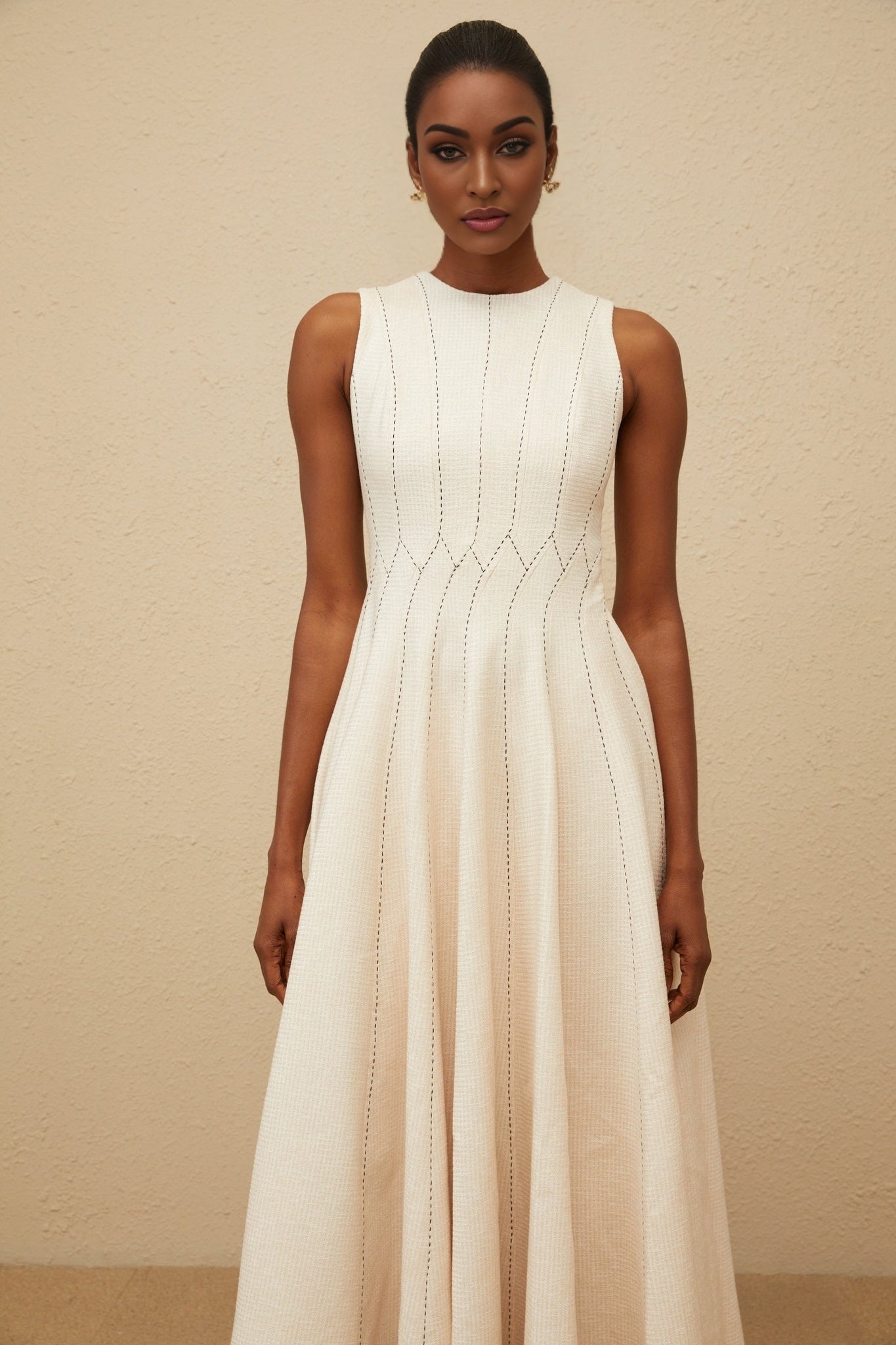 Sleeveless Neutrals Textured Midi Dress with Shirred Effect