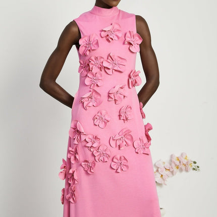 Sleeveless pink maxi dress with bow and artificial flower decoration named Magali