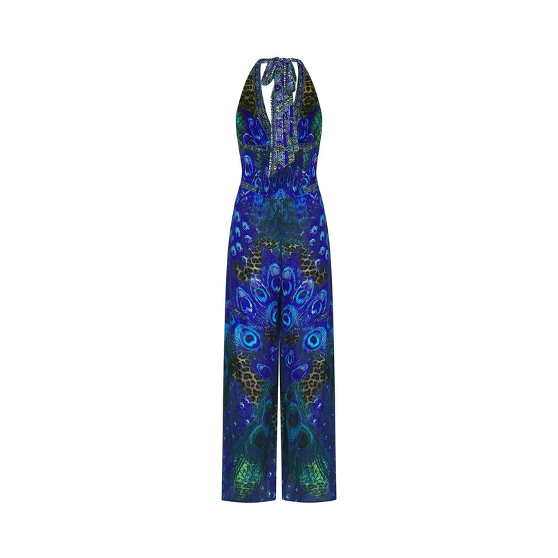 Sleeveless silk jumpsuit with halter neckline in a flowing silhouette