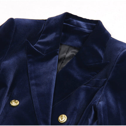 Slim Fit Deep Navy Blue Velvet Power Suit with Gold-Tone Buttons