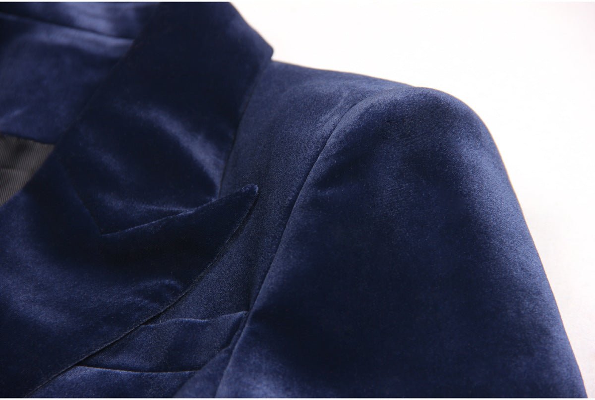 Slim Fit Navy Blue Velvet Power Suit with Gold Buttons