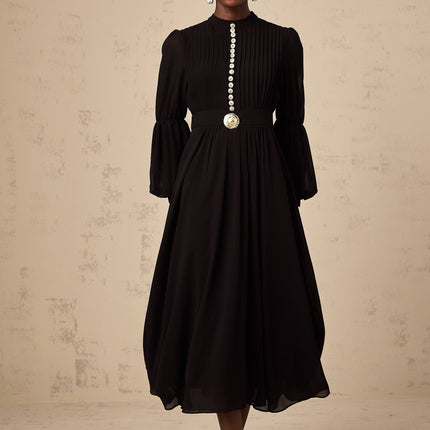 Sloan Black Pleated Midi Dress with Gold Buttons and Balloon Sleeves