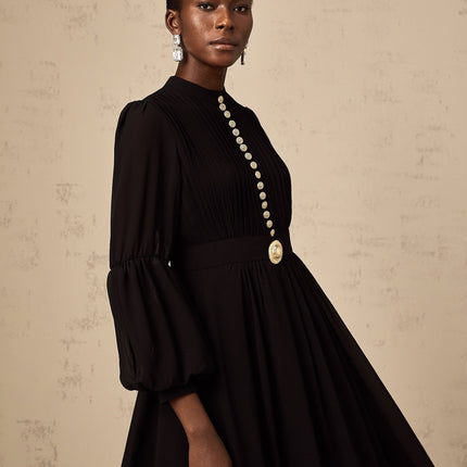 Sloan Black Pleated Midi Dress with Gold Buttons and Balloon Sleeves