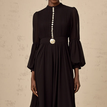 Sloan Black Pleated Midi Dress with Gold Buttons and Balloon Sleeves