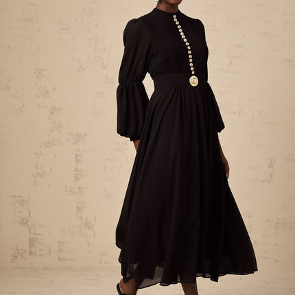 Sloan Black Pleated Midi Dress with Gold Buttons and Balloon Sleeves