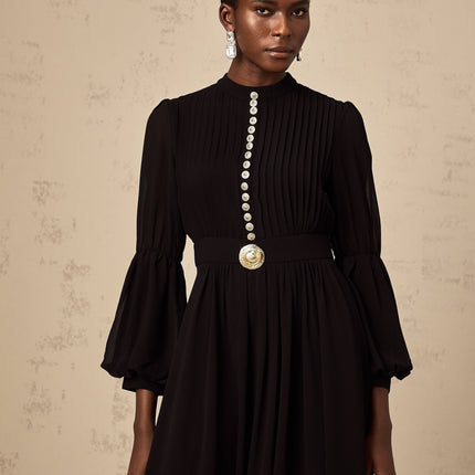 Sloan Black Pleated Midi Dress with Gold Buttons and Balloon Sleeves