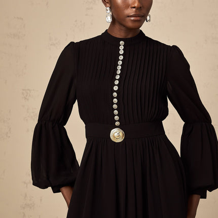 Sloan Black Pleated Midi Dress with Gold Buttons and Balloon Sleeves