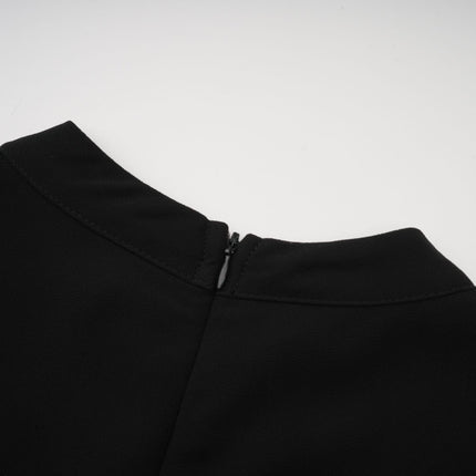 Sloan Black Pleated Midi Dress with Gold Buttons and Balloon Sleeves