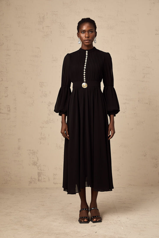 Sloan Black Pleated Midi Dress with Gold Buttons and Balloon Sleeves