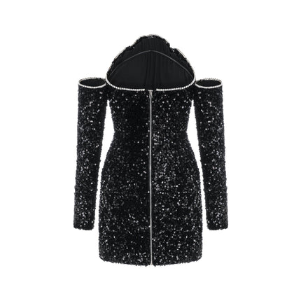 Sloan Black Sequin Crystal Off-Shoulder Mini Dress Polyester