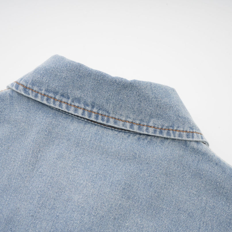 Sloan Blue Floral Applique Denim Shirt 100% Cotton Long Sleeve Collar Thigh Length Curved Hem Button Fastening