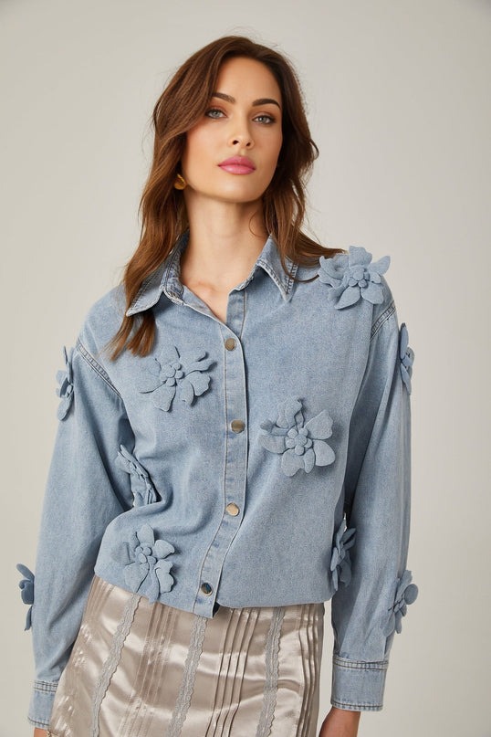 Sloan Blue Floral Applique Denim Shirt