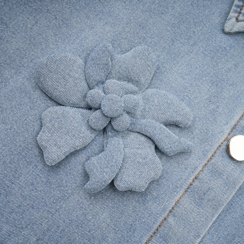 Sloan Blue Floral Applique Denim Shirt 100% Cotton Long Sleeve Thigh Length