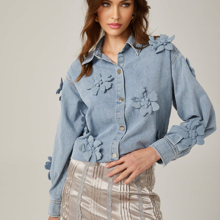 Sloan Blue Floral Applique Denim Shirt 100% Cotton Long Sleeve Collar Thigh Length Faux Flower Design Front Button Curved Hem Versatile Refined Comfort Style