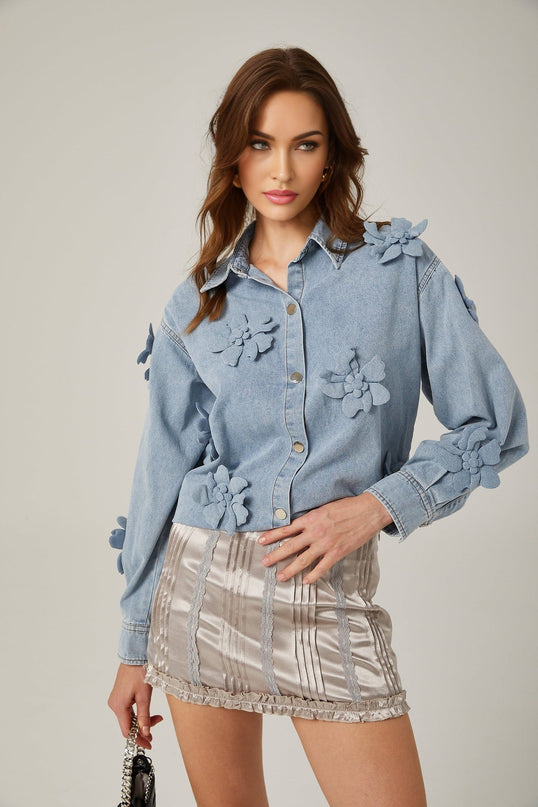 Sloan Blue Floral Applique Denim Shirt 100% Cotton Long Sleeve Collar Thigh Length Faux Flower Design Front Button Curved Hem Versatile Refined Comfort Style