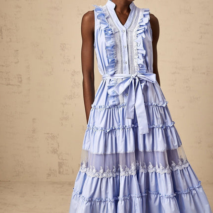 Sloan Blue Floral Lace Midi Dress Ruffled Tiered Design