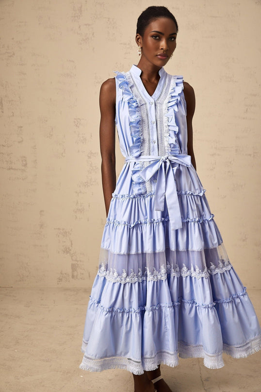 Sloan Blue Floral Lace Midi Dress Ruffled Tiered Design