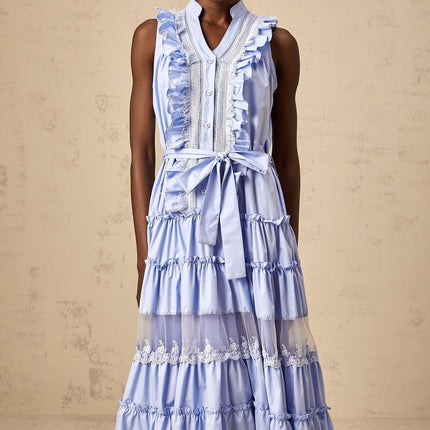 Sloan Blue Floral Lace Midi Dress Polyester Cotton Blend Elegant Ruffled Tiered Design