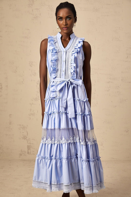 Sloan Blue Floral Lace Midi Dress Polyester Cotton Blend Elegant Ruffled Tiered Design