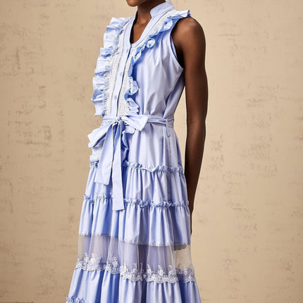 Sloan Blue Floral Lace Tiered Midi Dress