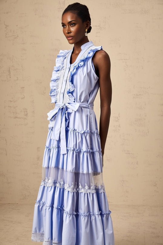 Sloan Blue Floral Lace Tiered Midi Dress