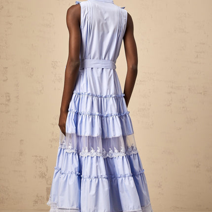Sloan Blue Floral Midi Dress Ruffled Tiered Lace Trim Fringed Edge V-Neck Sleeveless Self-Tie Button Fastening Polyester Cotton Blend