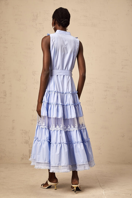 Sloan Blue Floral Midi Dress Ruffled Tiered Lace Trim Fringed Edge V-Neck Sleeveless Self-Tie Button Fastening Polyester Cotton Blend