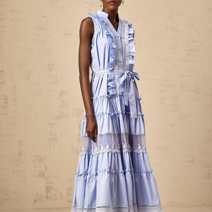 Sloan Blue Floral Midi Dress ruffled tiered design V-neck sleeveless self-tie front button fastening Polyester Cotton blend