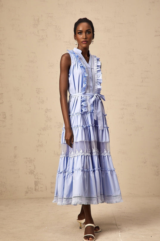 Sloan Blue Floral Midi Dress ruffled tiered design V-neck sleeveless self-tie front button fastening Polyester Cotton blend