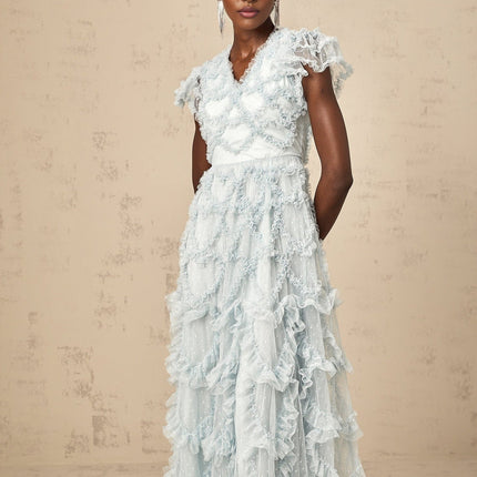 Sloan Blue Tulle Dot Embroidered Ruffled V-Neck Midi Dress