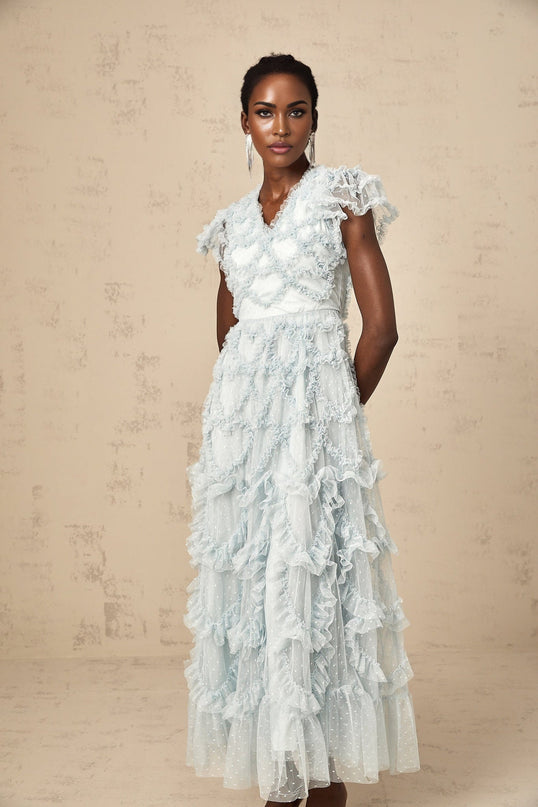 Sloan Blue Tulle Dot Embroidered Ruffled V-Neck Midi Dress