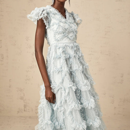 Sloan Blue Tulle Midi Dress with Ruffled V-neck and Dot Embroidery
