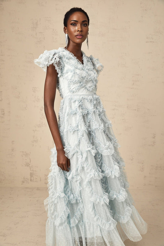 Sloan Blue Tulle Midi Dress with Ruffled V-neck and Dot Embroidery