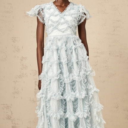 Sloan Blue Tulle Midi Dress with Ruffled V-neck and Dot Embroidery