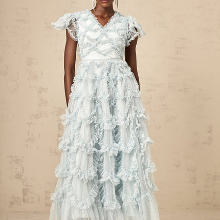 Sloan Blue Tulle Midi Dress with Ruffled V-neck and Dot Embroidery