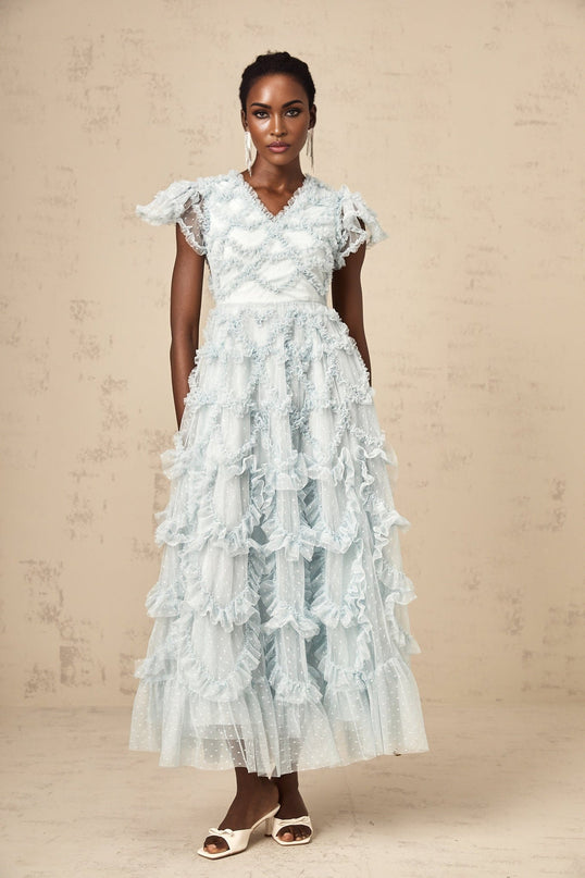 Sloan Blue Tulle Midi Dress with Ruffled V-neck and Dot Embroidery