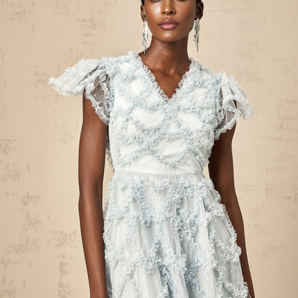 Sloan Blue Tulle Midi Dress with Ruffled V-neck and Dot Embroidery